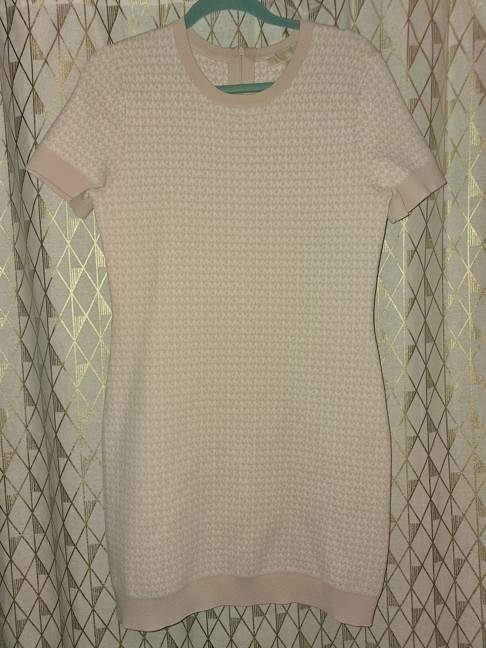 Michael Kors Powder Blush Pink MK Monogram Short Sleeve Bodycon Sweater Dress